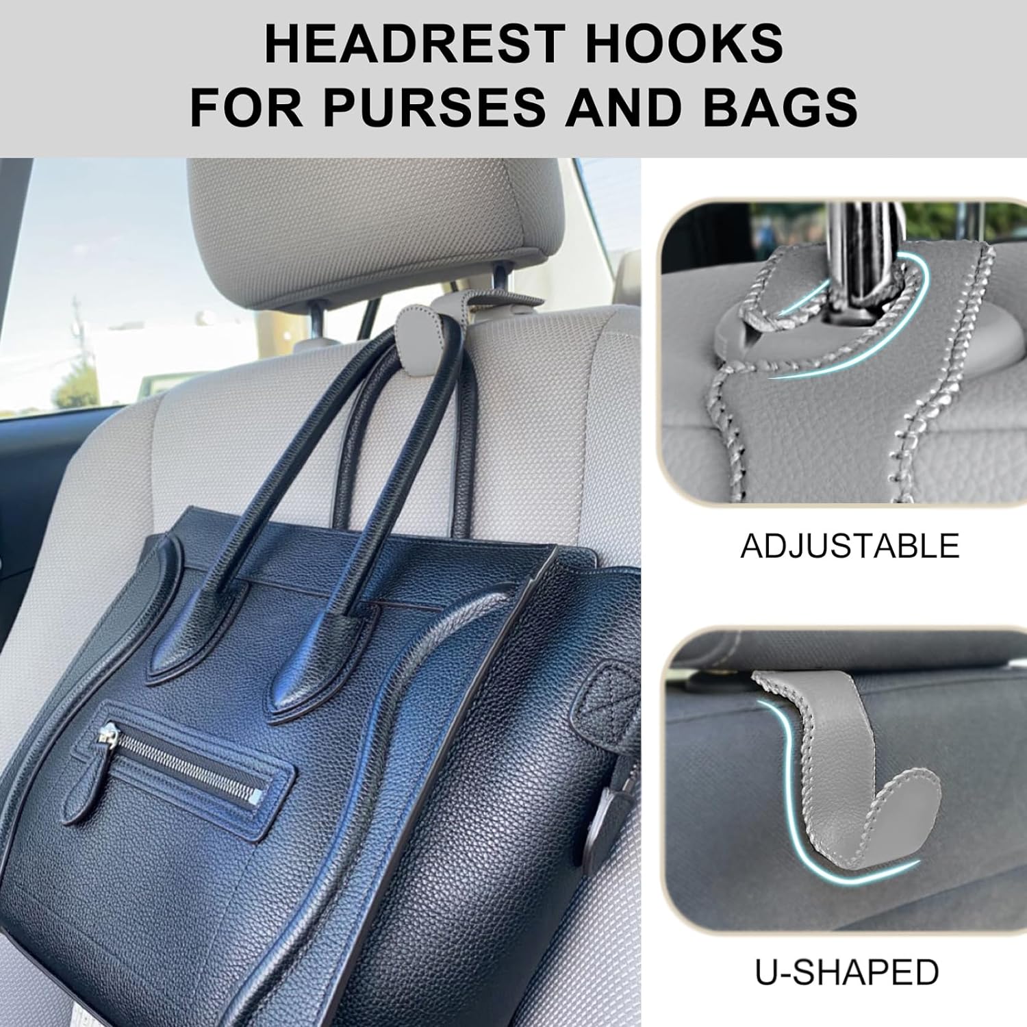 EldHus Seat Hooks for Purses and Bags, 4 Pack Car Purse Holder for Grocery Bag Handbag Clothes, Metal Headrest Hooks Covered by Leather, Grey