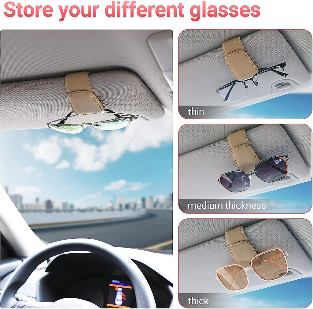 KanSmart Sunglass Holder for Car Visor Sunglasses Clip Magnetic Leather Glasses Eyeglass Holder Truck Car Interior Accessories Universal for Woman Man -Beige
