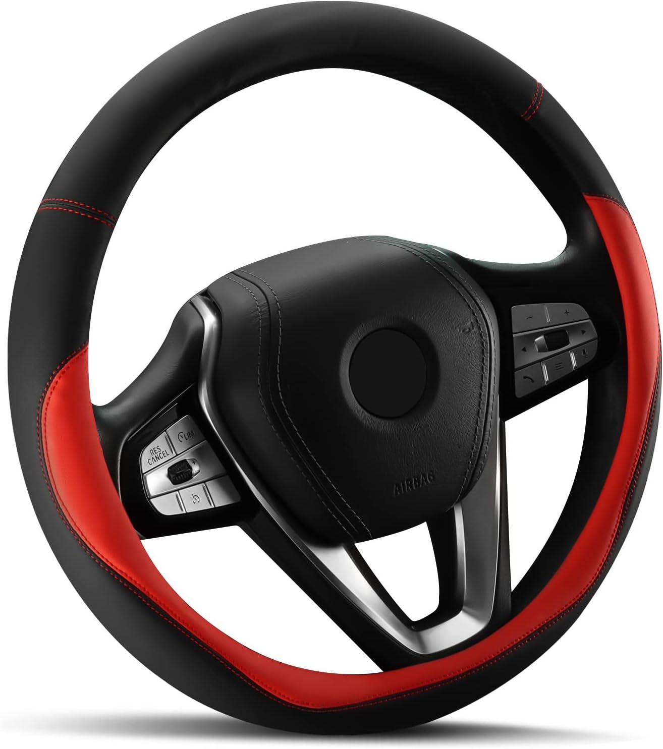 HOTOR Car Steering Wheel Cover - Universal Car Accessory for Diverse Cars, Durable Leather Steering Wheel Cover with Anti-Slip Lining, for Steering Wheel with a Diameter of 14.5"-15",Red