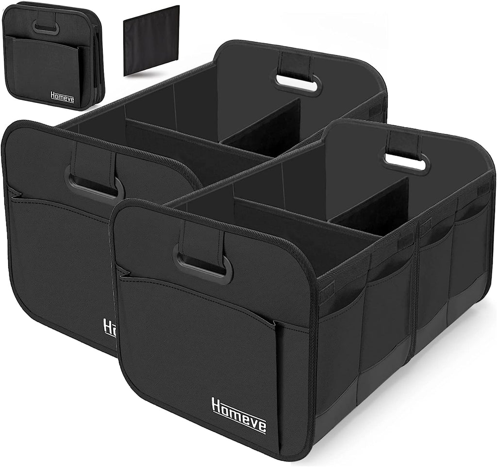 Homeve 2 Pack Trunk Organizer for Car, Reinforced Handles, Collapsible Multi-Compartment Car Organizers, Foldable and Waterproof, 600D Oxford Polyester, Suitable for Any Car, SUV, Mini-Van, Black