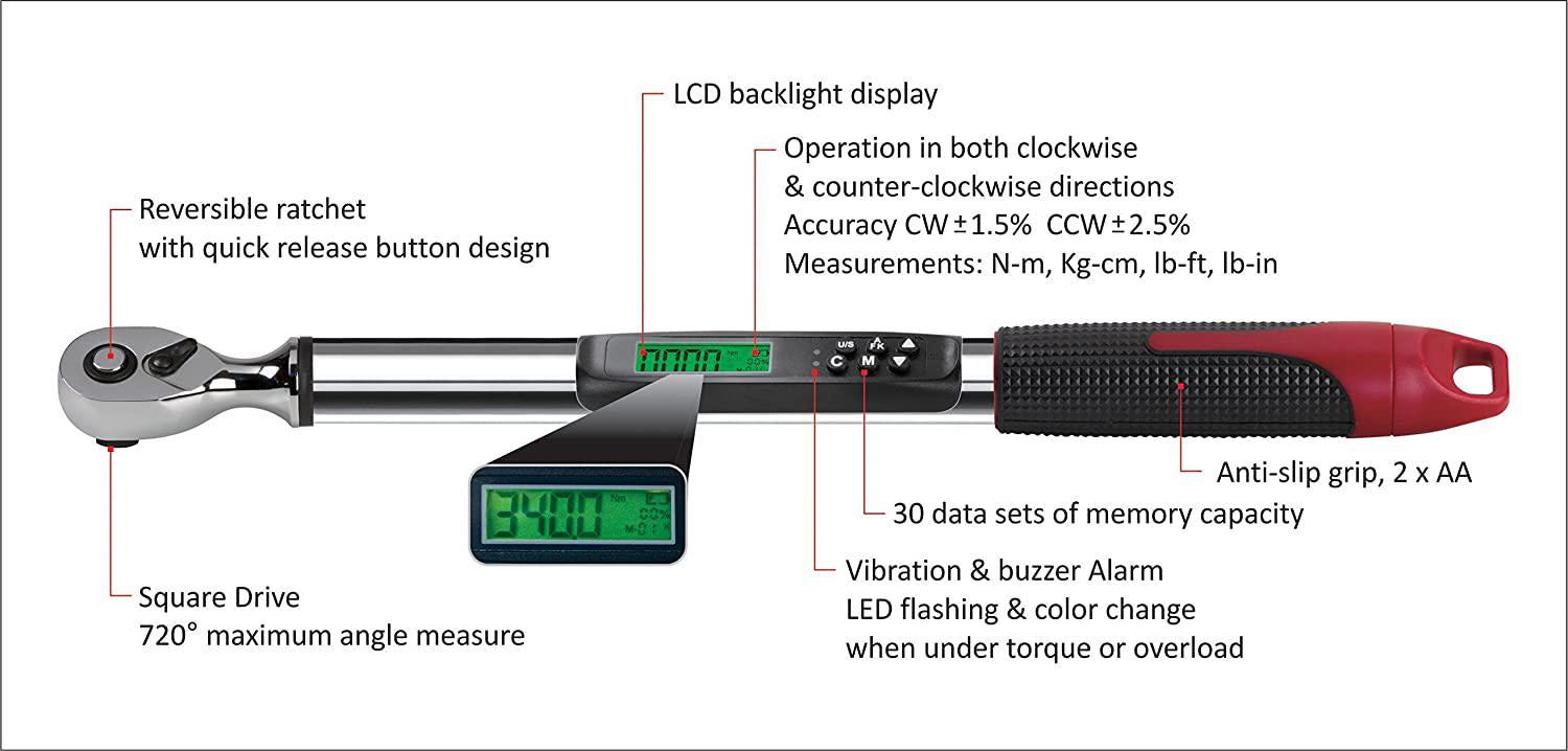 ACDelco Tools 1/2" (Inch) Compact Angle Digital Torque Wrench, Measures 5.0 – 99.5 ft-lbs. Ranof Torque, 17-7/8” Length, LCD Display, Audible Notification Buzzer, Vibration &amp; LED Light ARM317-4A