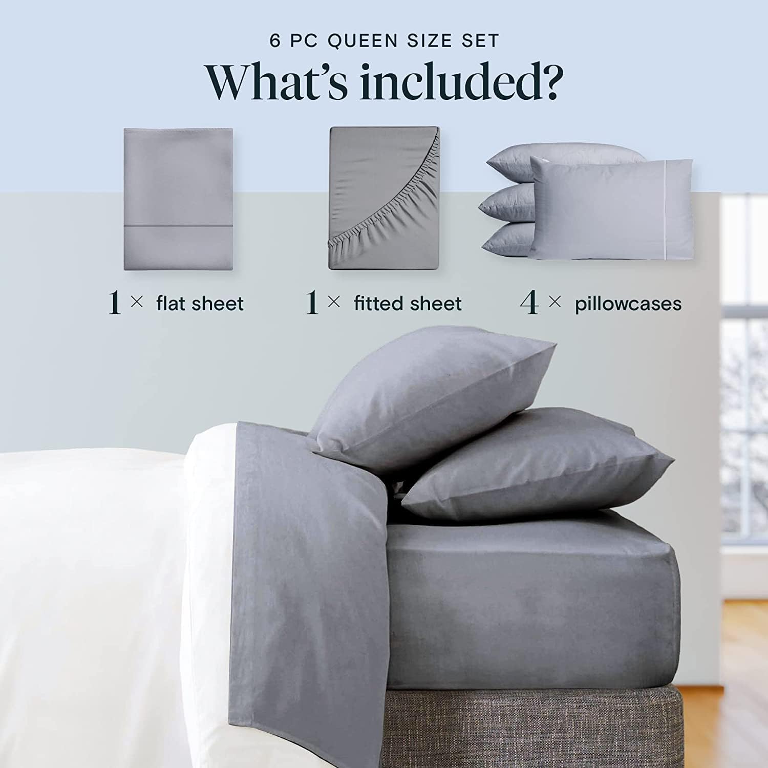 LuxClub 6 PC Extra Deep Pocket Cal King Sheets &amp; Pillowcases Set - Hotel Bedding Silky Soft Eco Friendly Wrinkle Free Ultra Soft Cooling Bed Sheet Set deep Pocket up to 21" (Cali King, Light Grey)