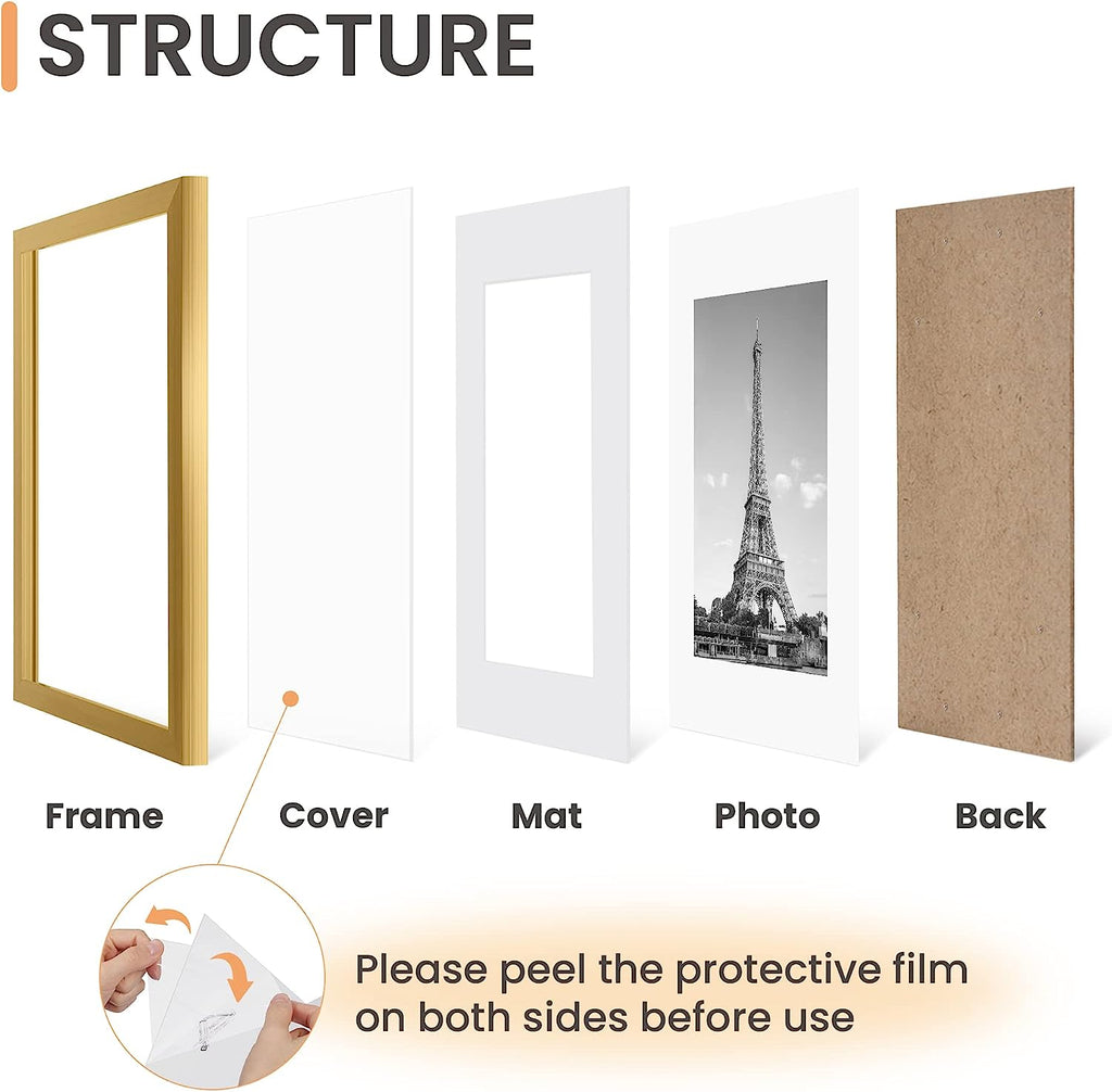 upsimples 9x12 Picture Frame Set of 5,Display Pictures 6x8 with Mat or 9x12 Without Mat,Wall Gallery Photo Frames, Gold