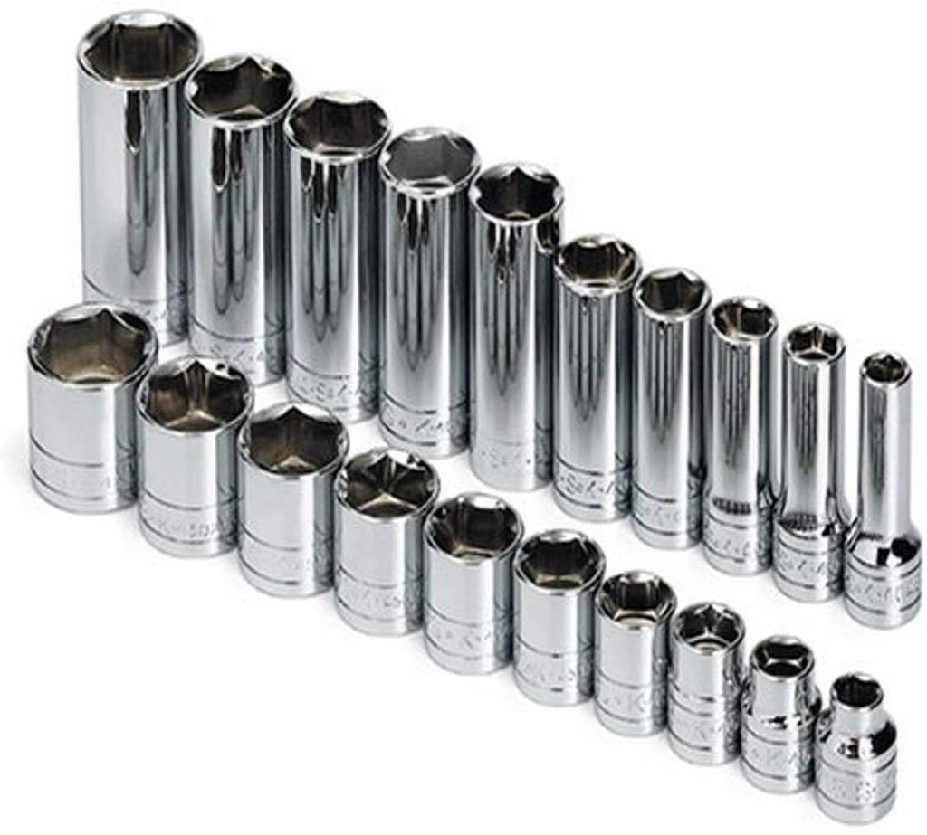 SK Professional Tools 89040 20-Piece 3/8 in. Drive 6-Point STD/Deep/Extra Deep Socket Set - Chrome Socket Set with Super Chrome Finish | Set of 20 Sockets Made in USA