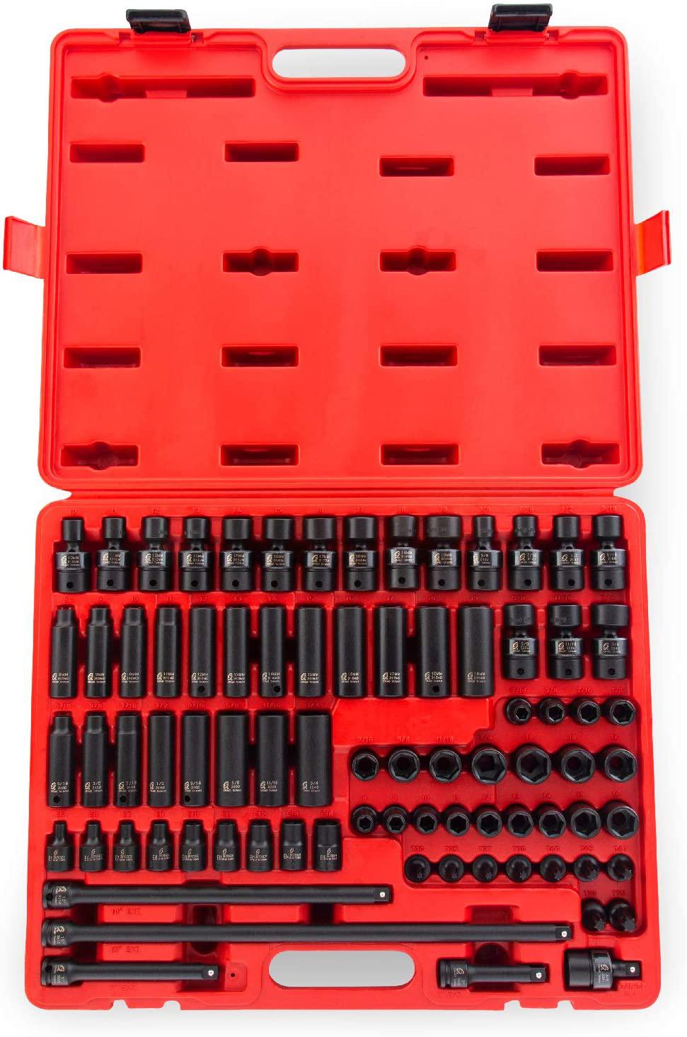 Sunex 3580, 3/8 Inch Drive  Impact Socket Set, 80 Piece, SAE/Metric, 5/16 Inch - 3/4 Inch, 8mm - 19mm, Standard/Deep/Universal, Cr-Mo, Radius Corner, Chamfered Opening, Dual Size Markings, Heavy Duty StoraCase, Includes Star and Inverted St