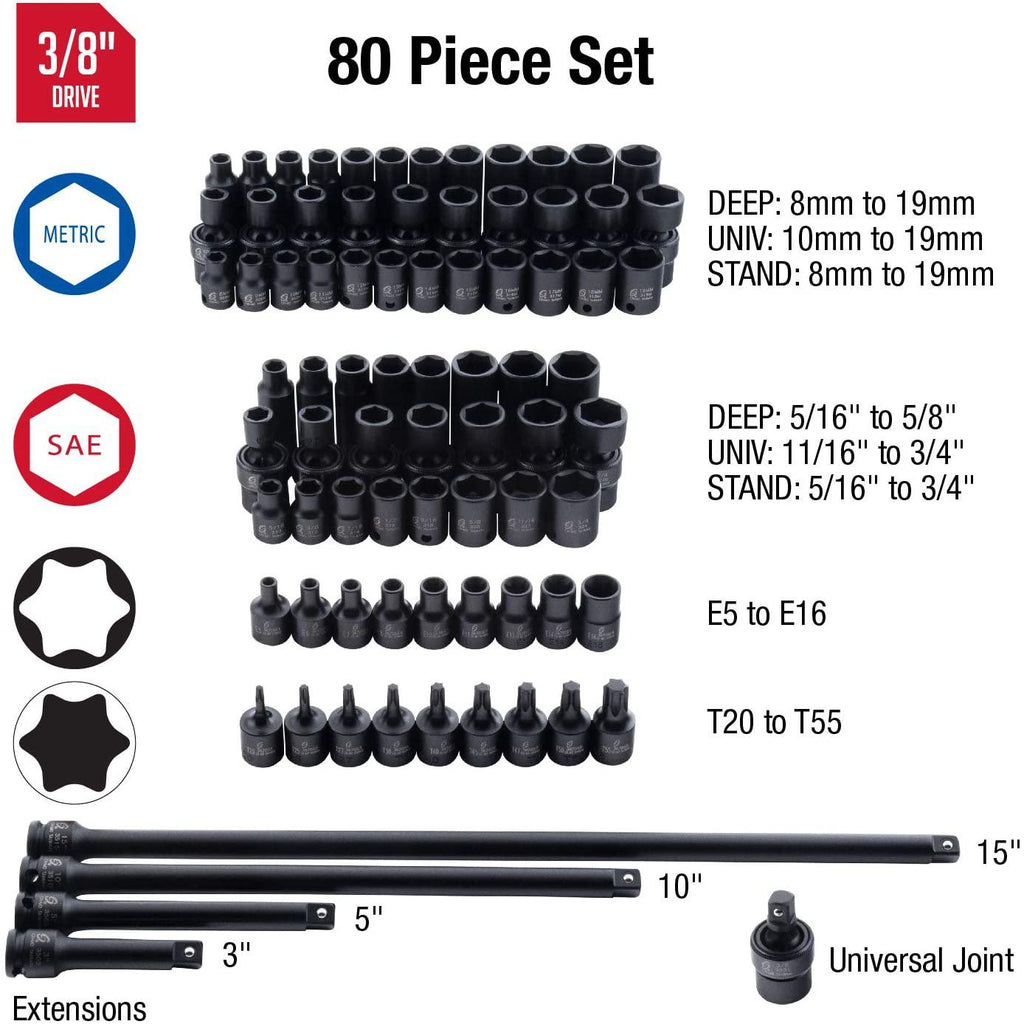 Sunex 3580, 3/8 Inch Drive  Impact Socket Set, 80 Piece, SAE/Metric, 5/16 Inch - 3/4 Inch, 8mm - 19mm, Standard/Deep/Universal, Cr-Mo, Radius Corner, Chamfered Opening, Dual Size Markings, Heavy Duty StoraCase, Includes Star and Inverted St