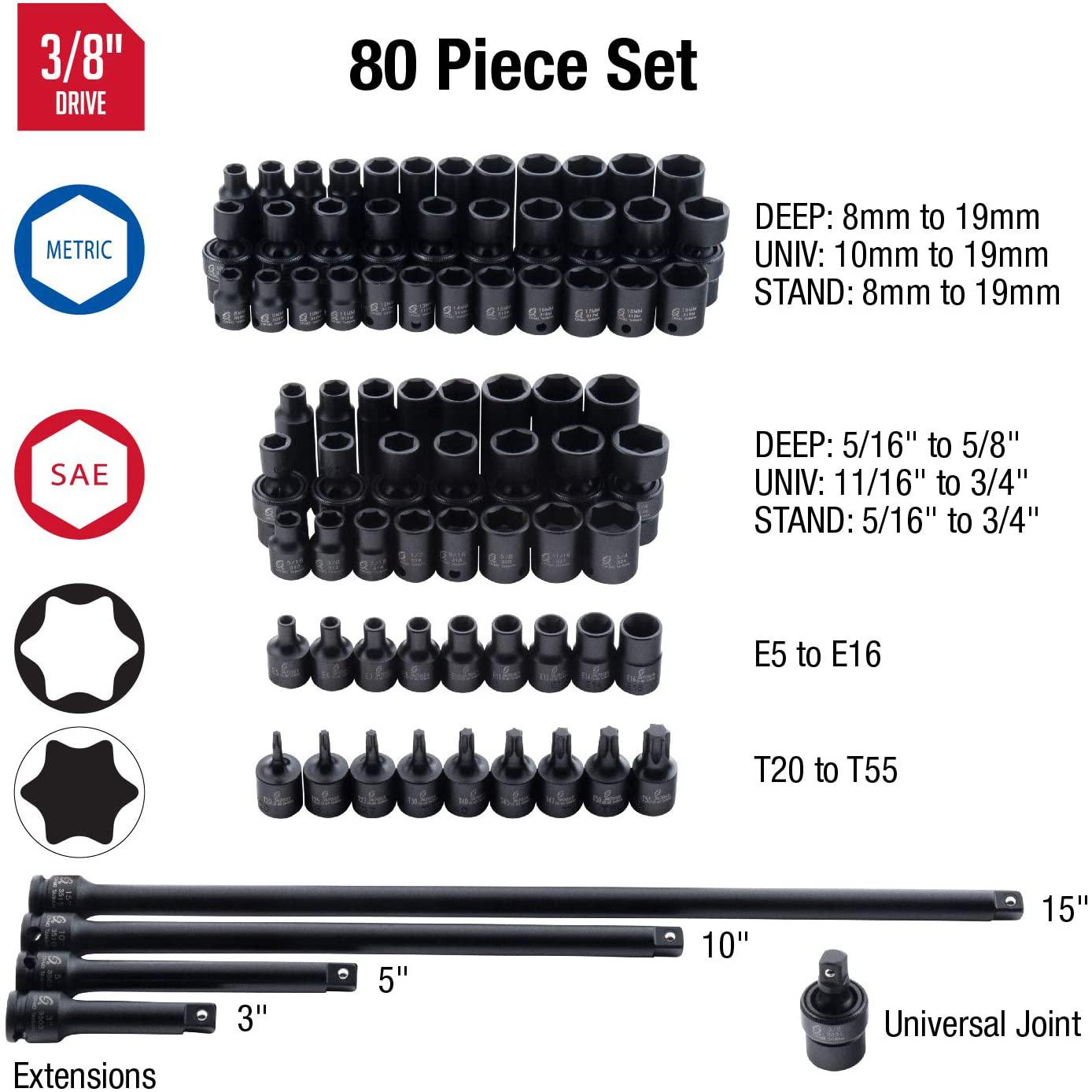 Sunex 3580, 3/8 Inch Drive  Impact Socket Set, 80 Piece, SAE/Metric, 5/16 Inch - 3/4 Inch, 8mm - 19mm, Standard/Deep/Universal, Cr-Mo, Radius Corner, Chamfered Opening, Dual Size Markings, Heavy Duty StoraCase, Includes Star and Inverted St