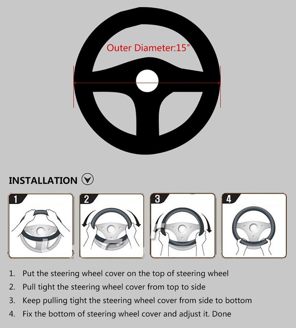 Valleycomfy Steering Wheel Covers Universal 15 inch - Genuine Leather, Breathable, Anti Slip &amp; Odor (Black with Red Lines, M(14" 1/2-15" 1/4))