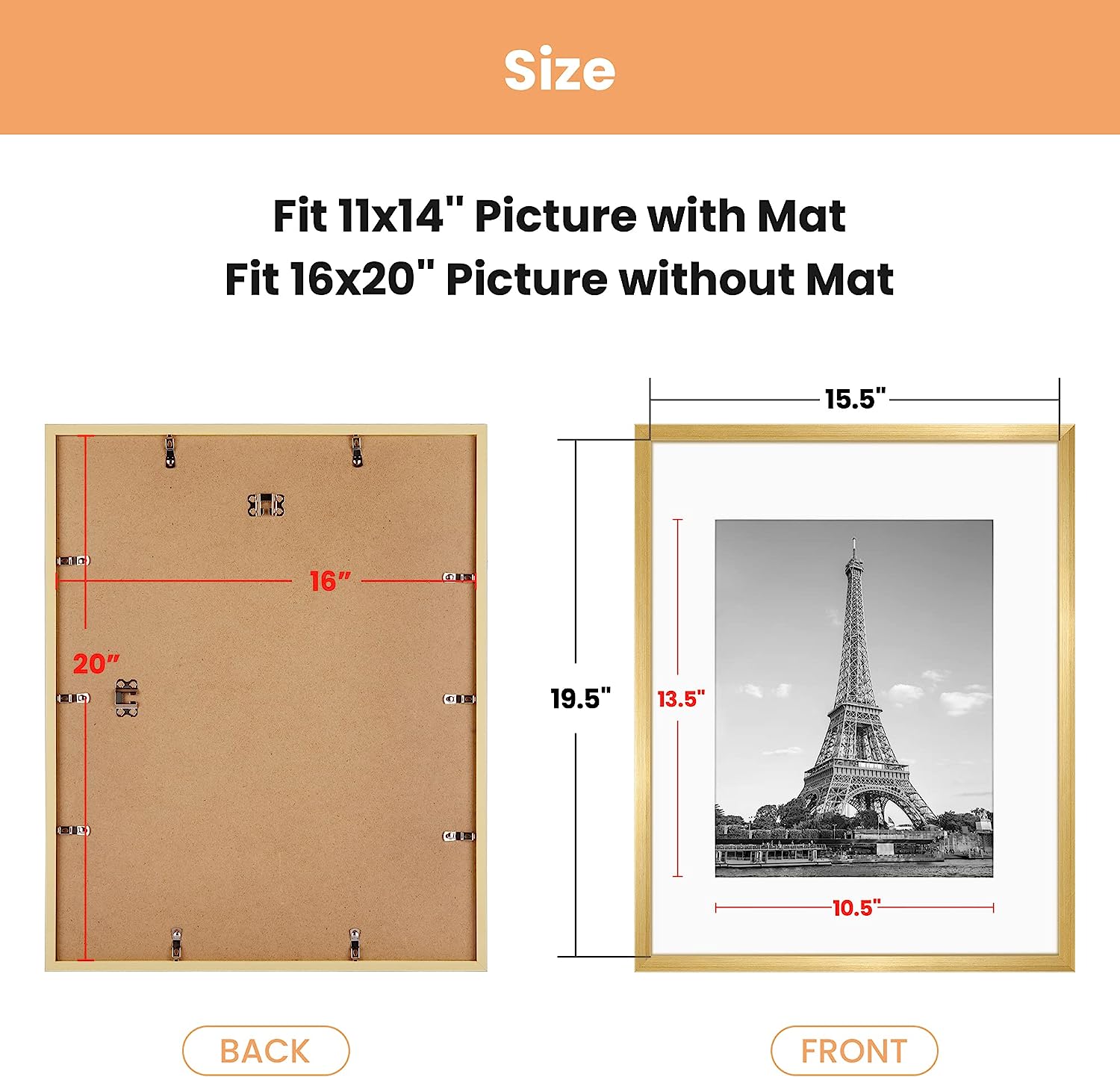 upsimples 16x20 Picture Frame Set of 5, Display Pictures 11x14 with Mat or 16x20 Without Mat, Wall Gallery Poster Frames, Gold