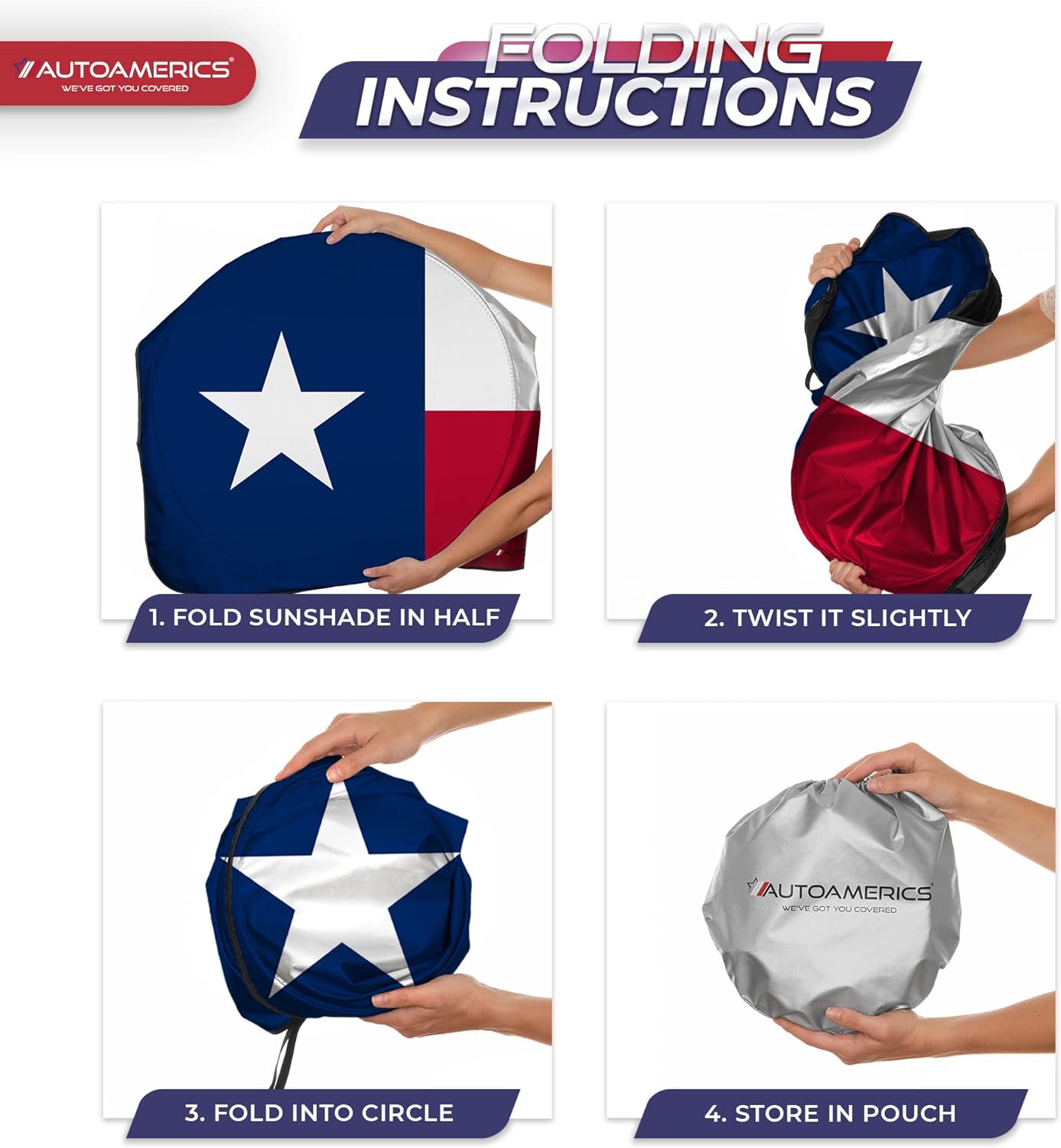 Autoamerics 1-Piece Windshield Sun Shade American Texas Flag USA Patriotic  - Foldable Car Front Window Sunshade for Sedans SUV Truck - Blocks Max UV Rays and Keeps Your Vehicle Cool - Large