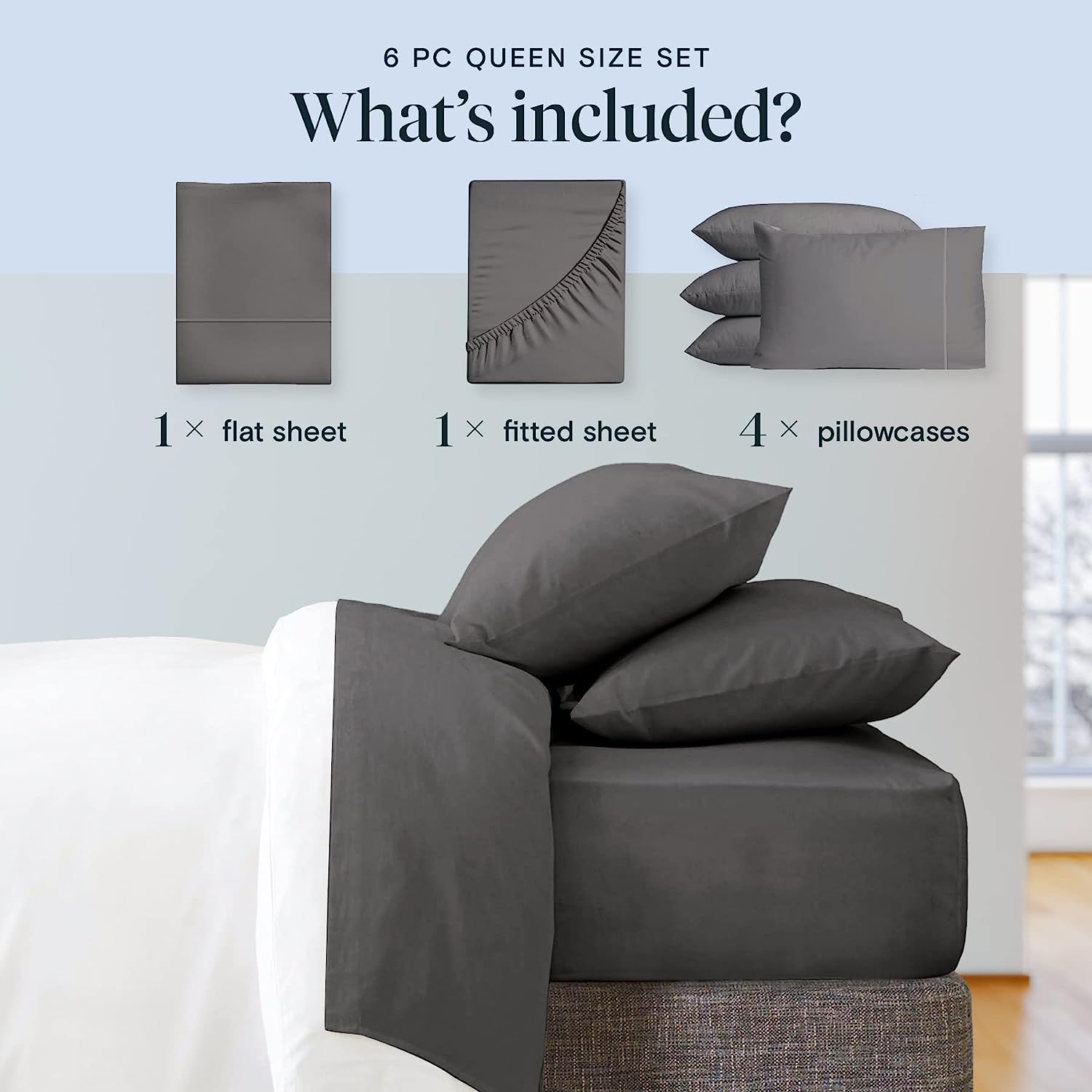 LuxClub 6 PC King Size Sheet Set Bamboo Sheets Deep Pockets 18" Eco Friendly Wrinkle Free Cooling Sheets Machine Washable Hotel Bedding Silky Soft - Dark Grey King