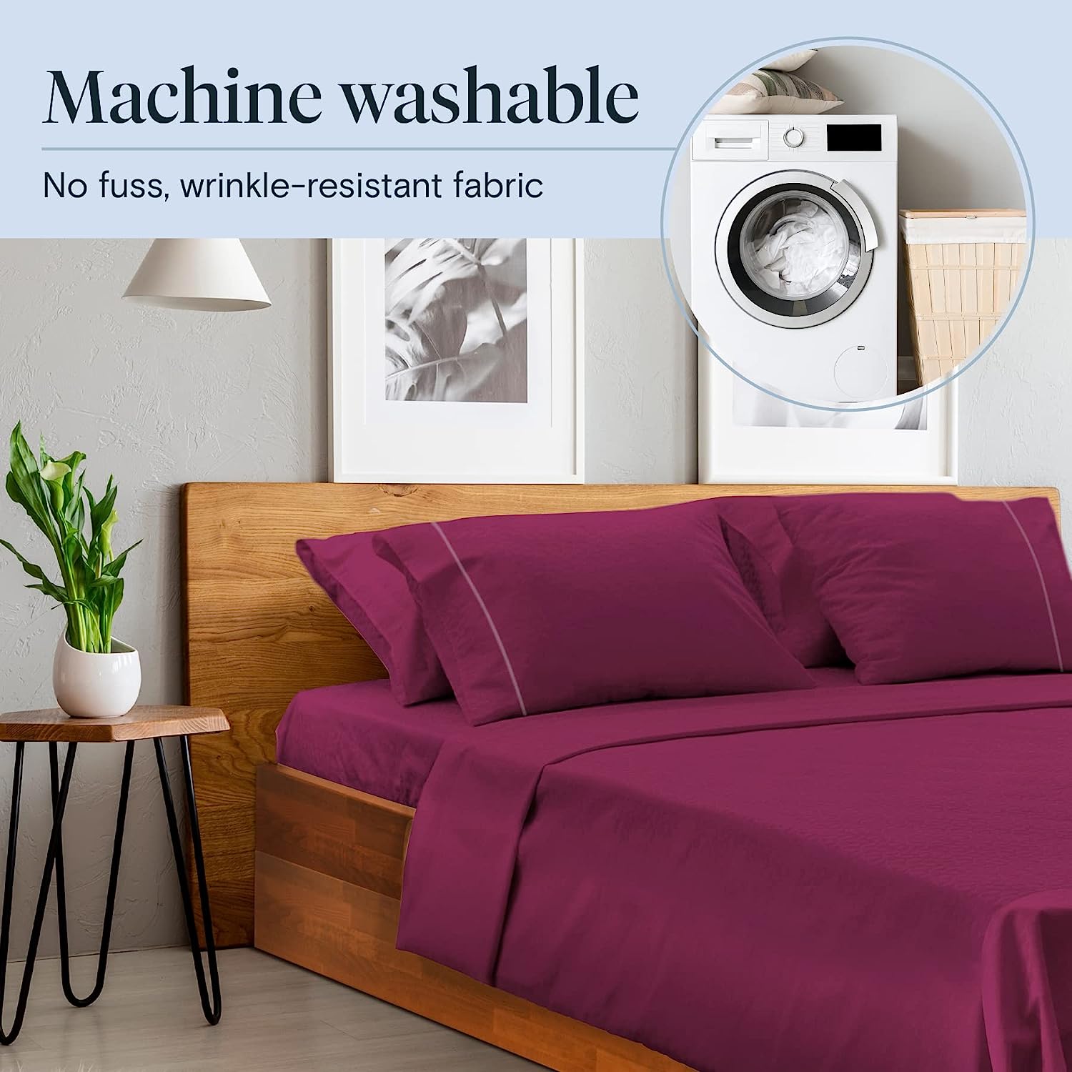 LuxClub 7 PC Split King Sheet Set Bamboo Sheets Deep Pockets 18" Eco Friendly Wrinkle Free Cooling Sheets Machine Washable Hotel Bedding Silky Soft - Eggplant Split King