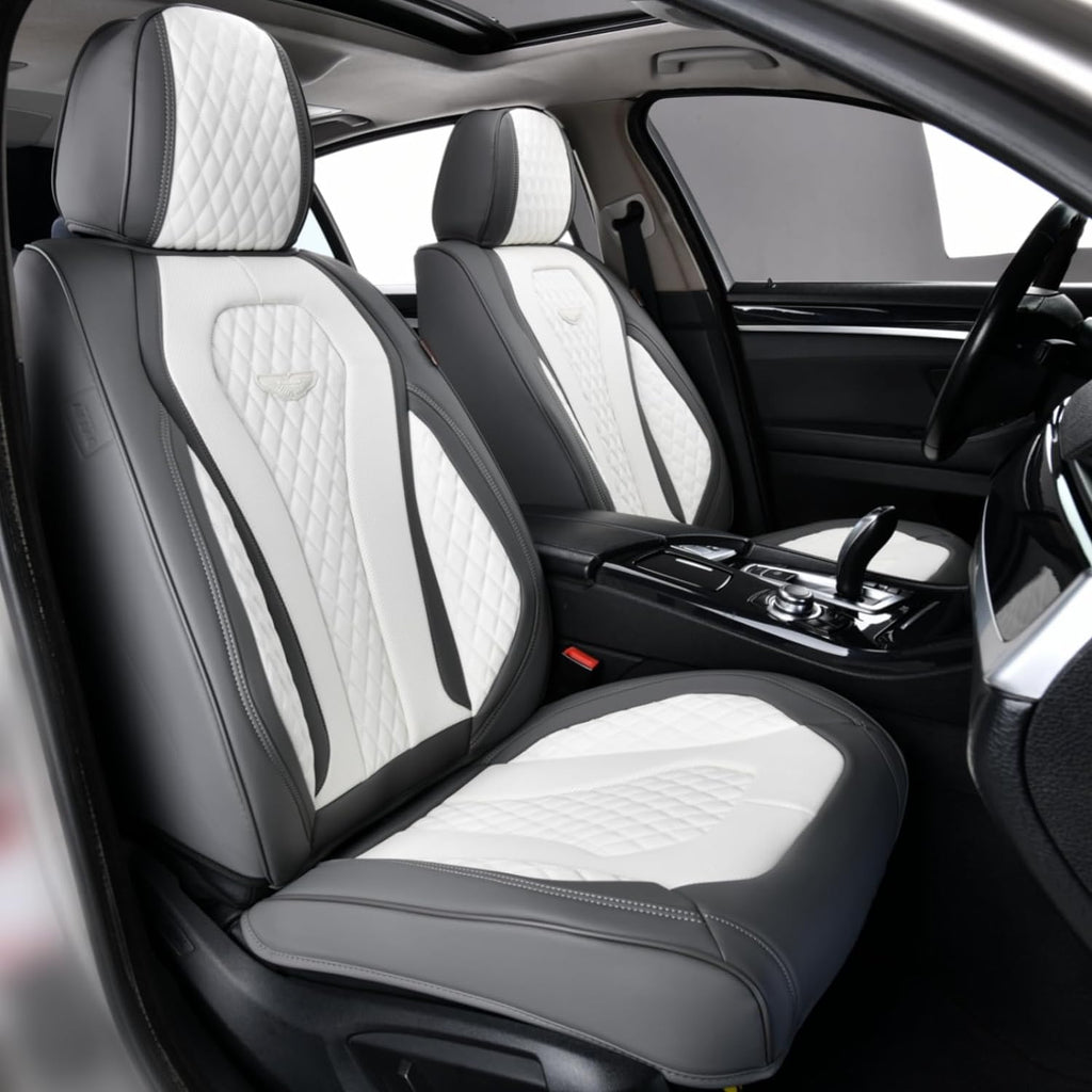 Coverado Leather Seat Covers Full Set, 5 Seats Universal Seat Covers for Cars, Waterproof Luxury Leatherette Seat Cushions, Front and Rear Seat Protectors, Seat Covers Fit for Most Vehicles Gray/White