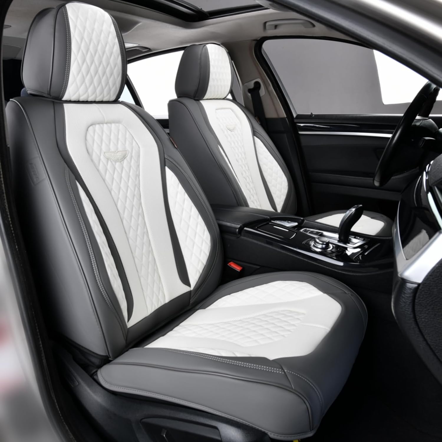 Coverado Leather Seat Covers Full Set, 5 Seats Universal Seat Covers for Cars, Waterproof Luxury Leatherette Seat Cushions, Front and Rear Seat Protectors, Seat Covers Fit for Most Vehicles Gray/White