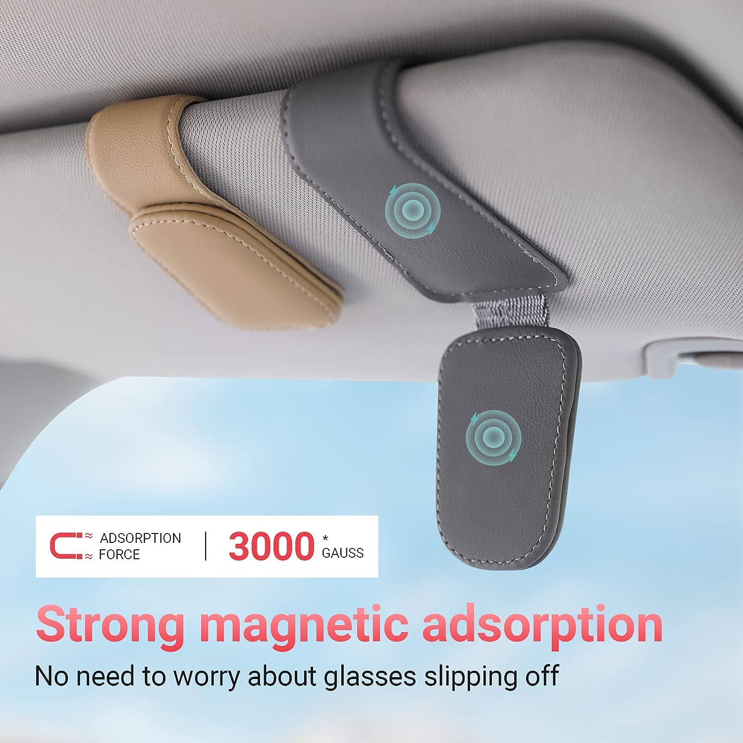 Sunglass Holder for Car Visor Sunglasses Clip Magnetic Leather Glasses Eyeglass Holder Interior Car Accessories for Woman Man - 2 Packs Gray