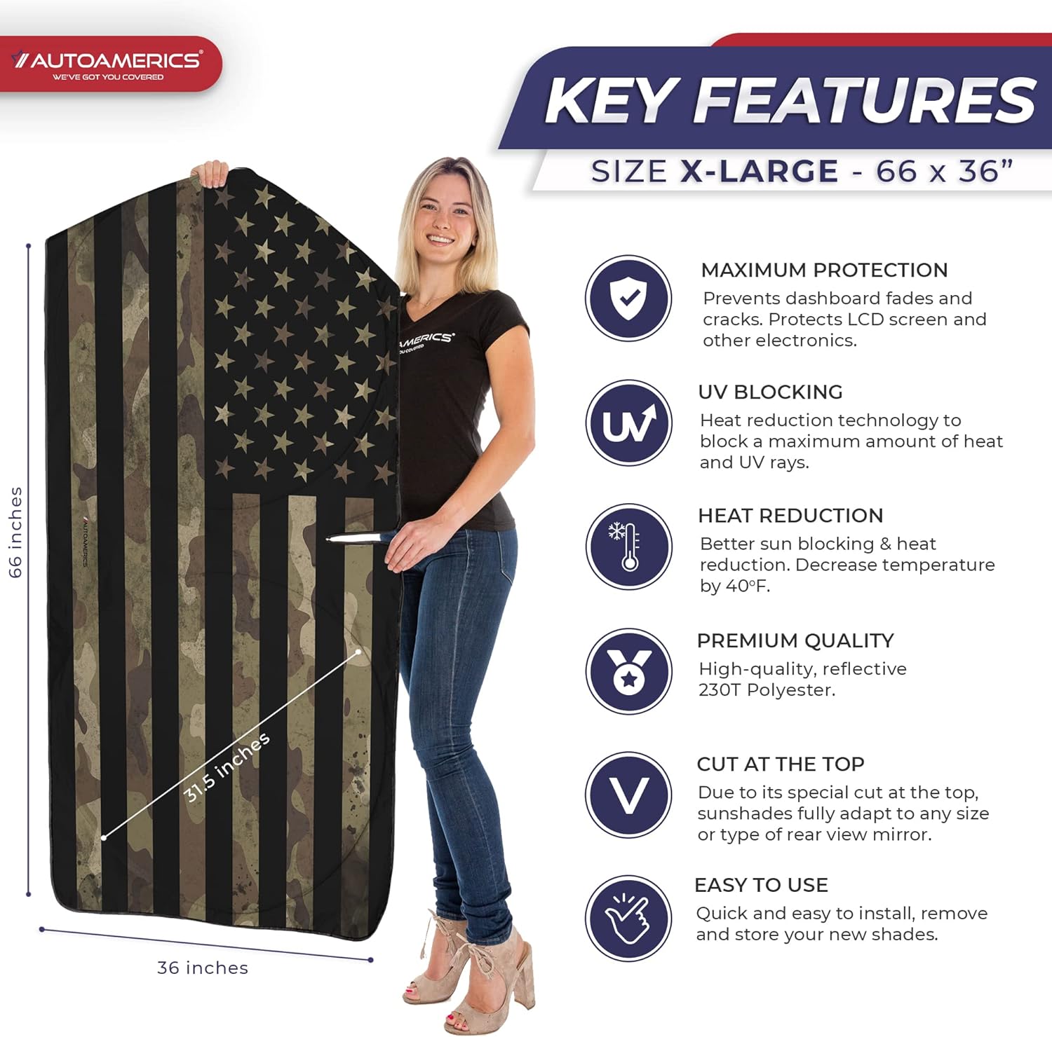 Autoamerics 1-Piece Windshield Sun Shade Dark Camo American Flag USA  - Foldable Car Front Window Sunshade for Most Sedans SUV Truck - Blocks Max UV Rays and Keeps Your Vehicle Cool - X-Large