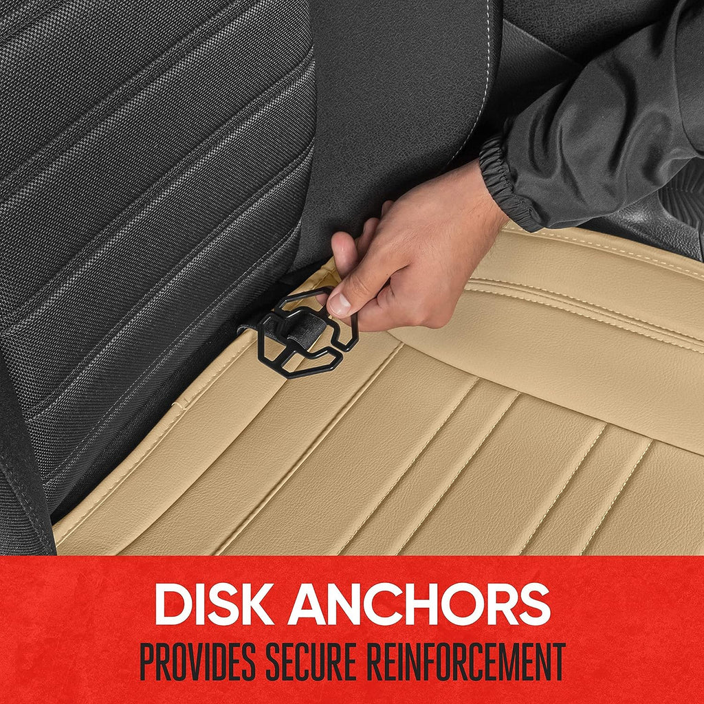 Motor Trend Beige Faux Leather Car Seat Cover for Front Seats, 1-Piece Padded Seat Protector with Storage Pockets, Premium Interior Cover for Cars Truck SUV Auto