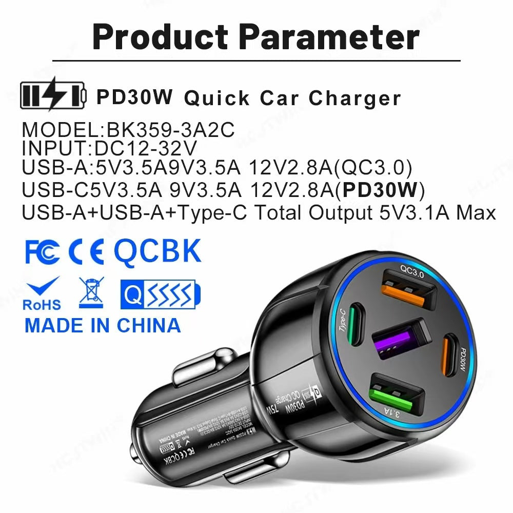 5 Ports USB PD  Car Adapter Charger QC3.0 Type C,In-Car Adapter Fast Charging, For  Phone Multiple Watt Wireless Plug Super Lighter  Cigar
