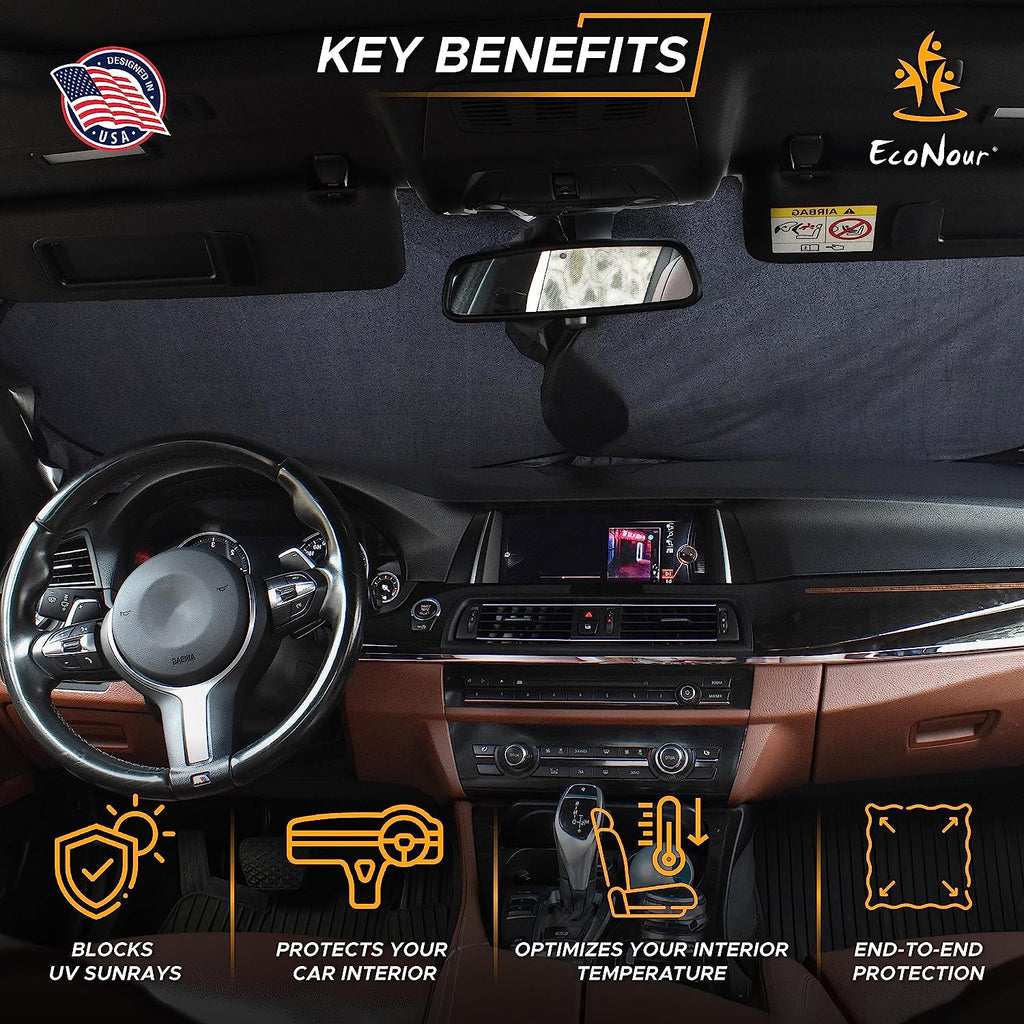 EcoNour Car Windshield Sun Shade | Reflector Sunshade Offers Ultimate Protection for Car Interior | Cool Car Reflective Sun Blocker Fits Most Sedans, Mini SUVs, &amp; Hatchbacks