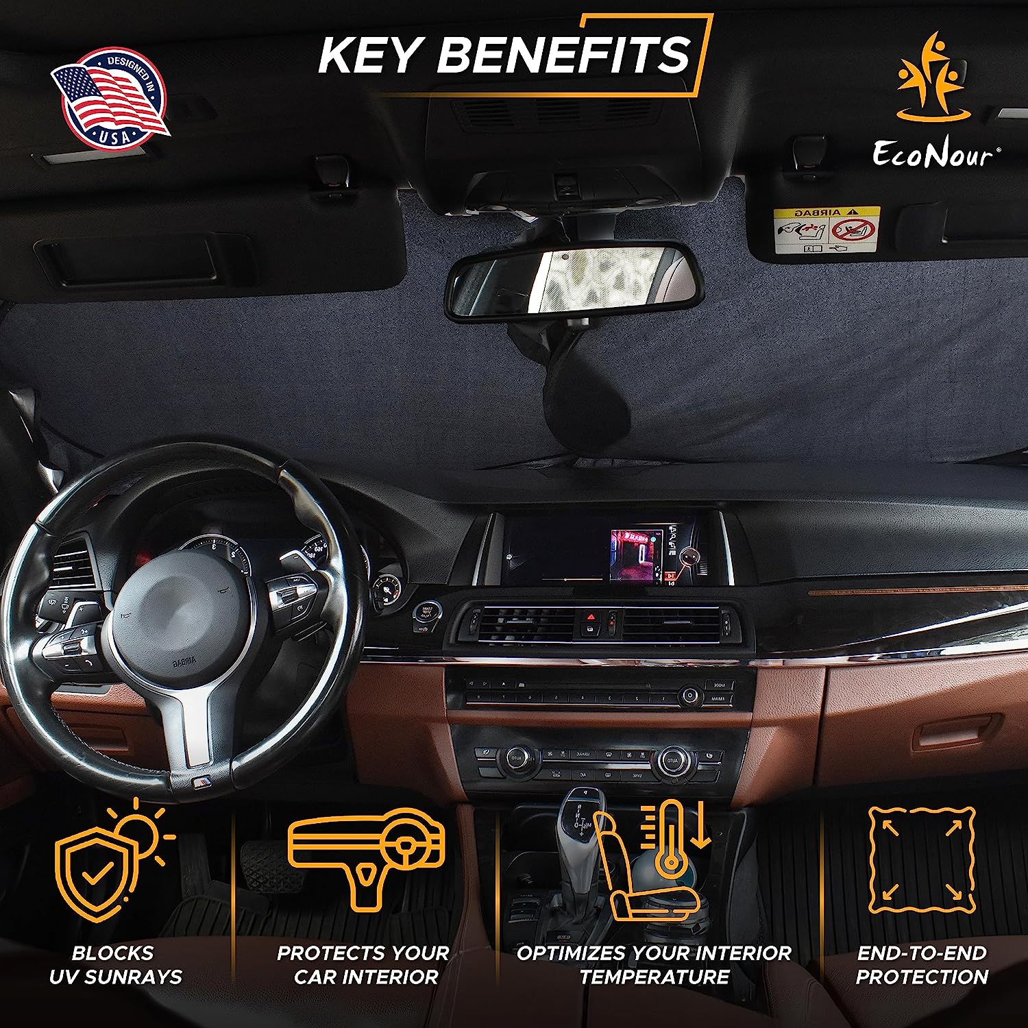 EcoNour Car Sun Shade Windshield | Reflective Car Window Sun Shades for Ultimate Dashboard Protection | Foldable Car Interior Accessories for Sun Heat | Fits Most Sedans, SUVs, Minivans &amp; Hatchbacks
