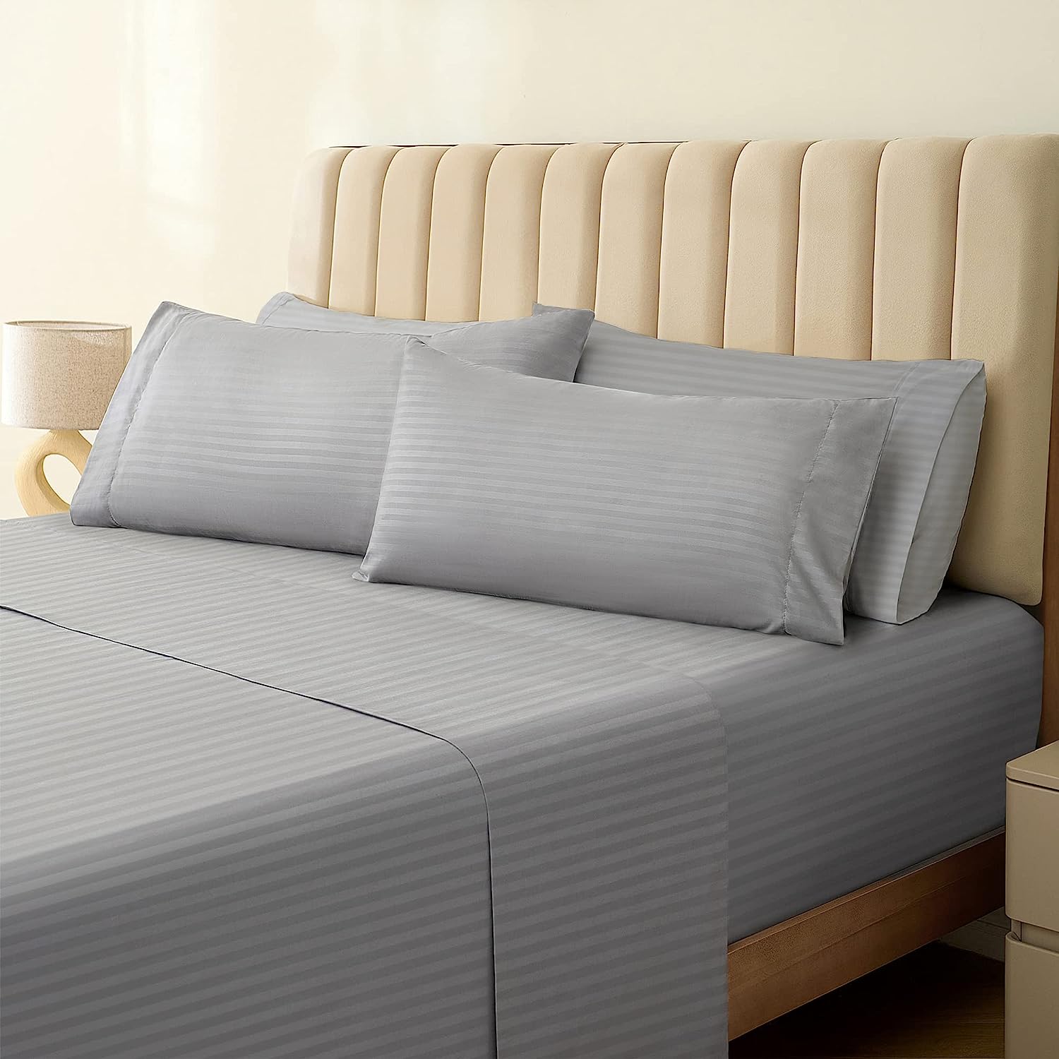 LuxClub Striped Sheets Set, 4 PC Striped Bed Sheets Set Twin Size for Boys and Girls, Deep Pockets 18" Eco Friendly Wrinkle Free Kids Fitted Sheets Machine Washable Hotel Bedding (Twin, Light Grey)